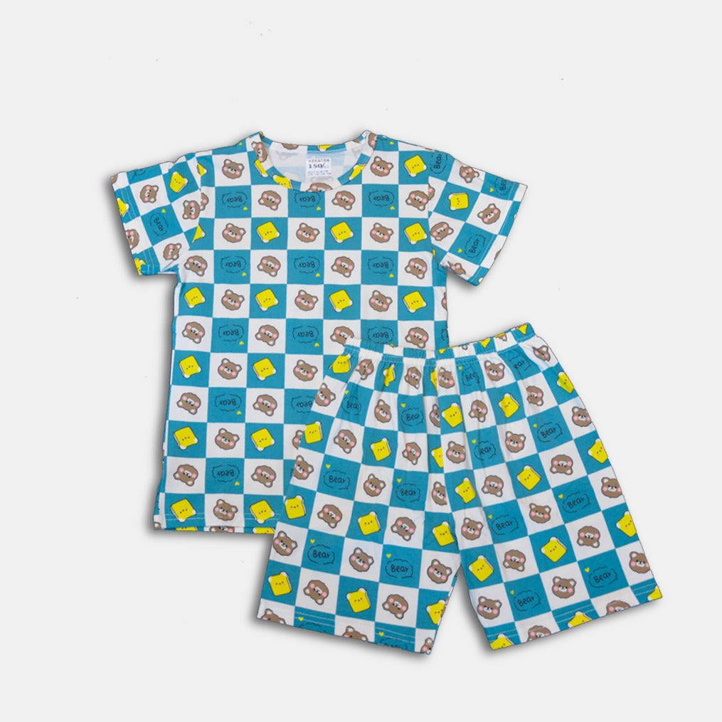 Kids Casual Light Blue Bear Print Shirt & Shorts Set | Comfortable Summer Outfit ages 9 months to 8 years