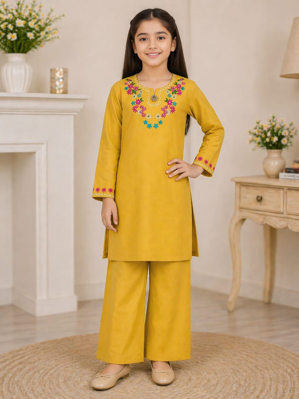 Girls Mustard Cotton Suit