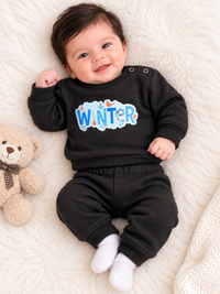 Baby Winter Graphic Sweatshirt & Jogger Tracksuit Set – Cozy Black Fleece Warmwear