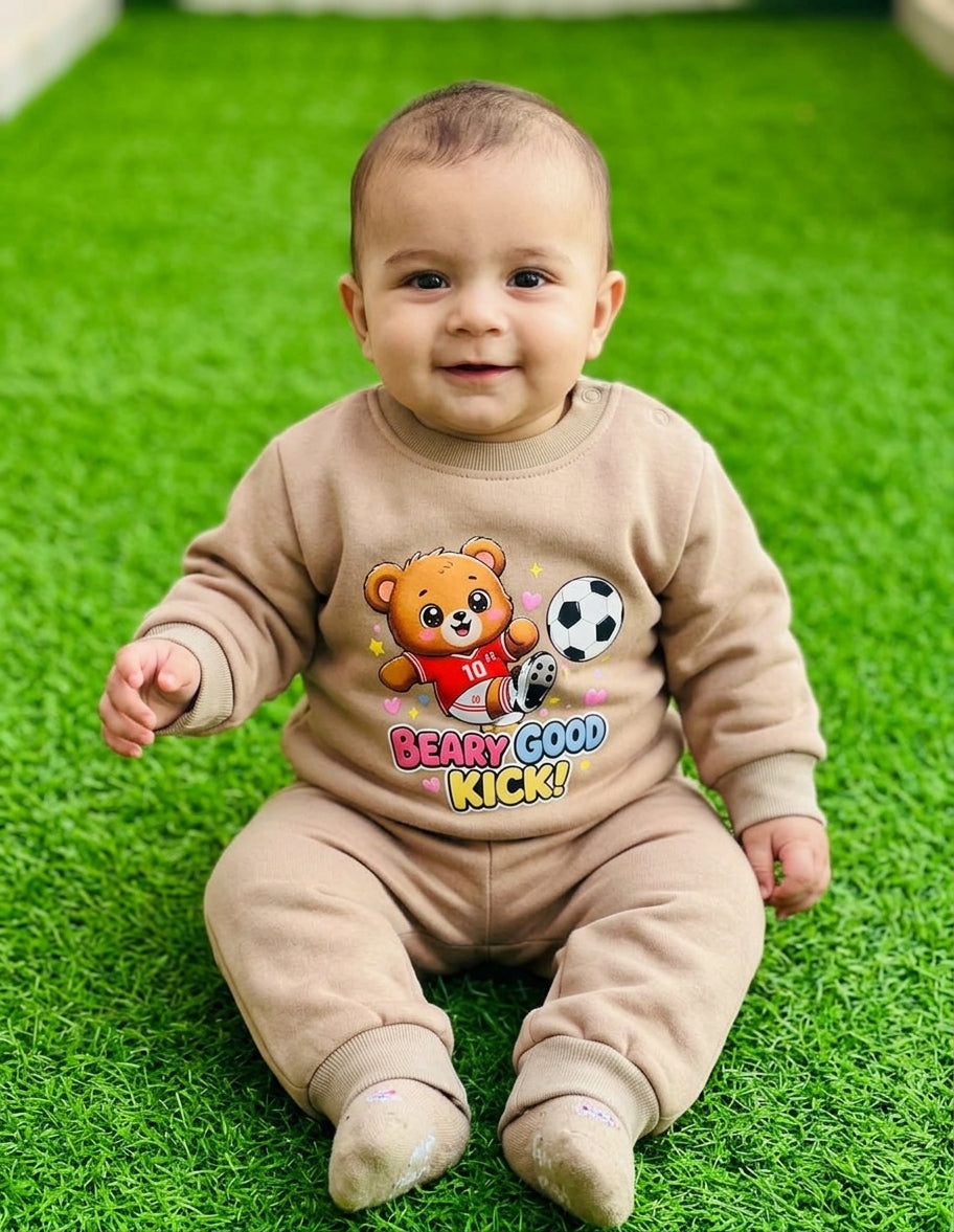 Kids Cute Bear Soccer Sweatshirt & Track Pants Set - Beige / Tan