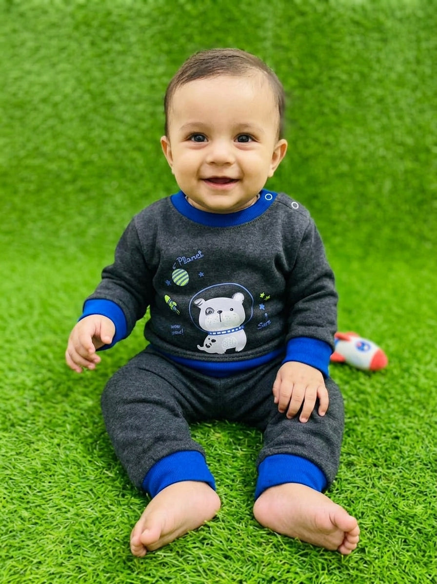 Baby Boys Space Astronaut Bear Sweatshirt & Trouser Set – Charcoal & Blue