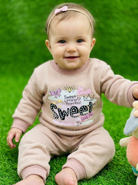 Girls "Sweet Little Princess" Sweatshirt & Joggers Set – Beige Fleece Tracksuit