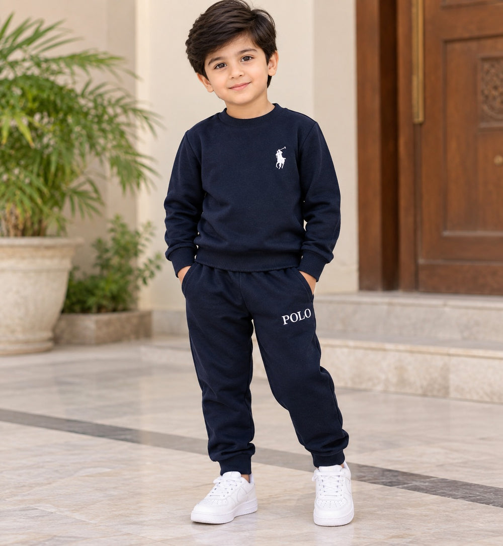 Kids Navy Blue Fleece Winter Tracksuit Set  | Giggles for Kids