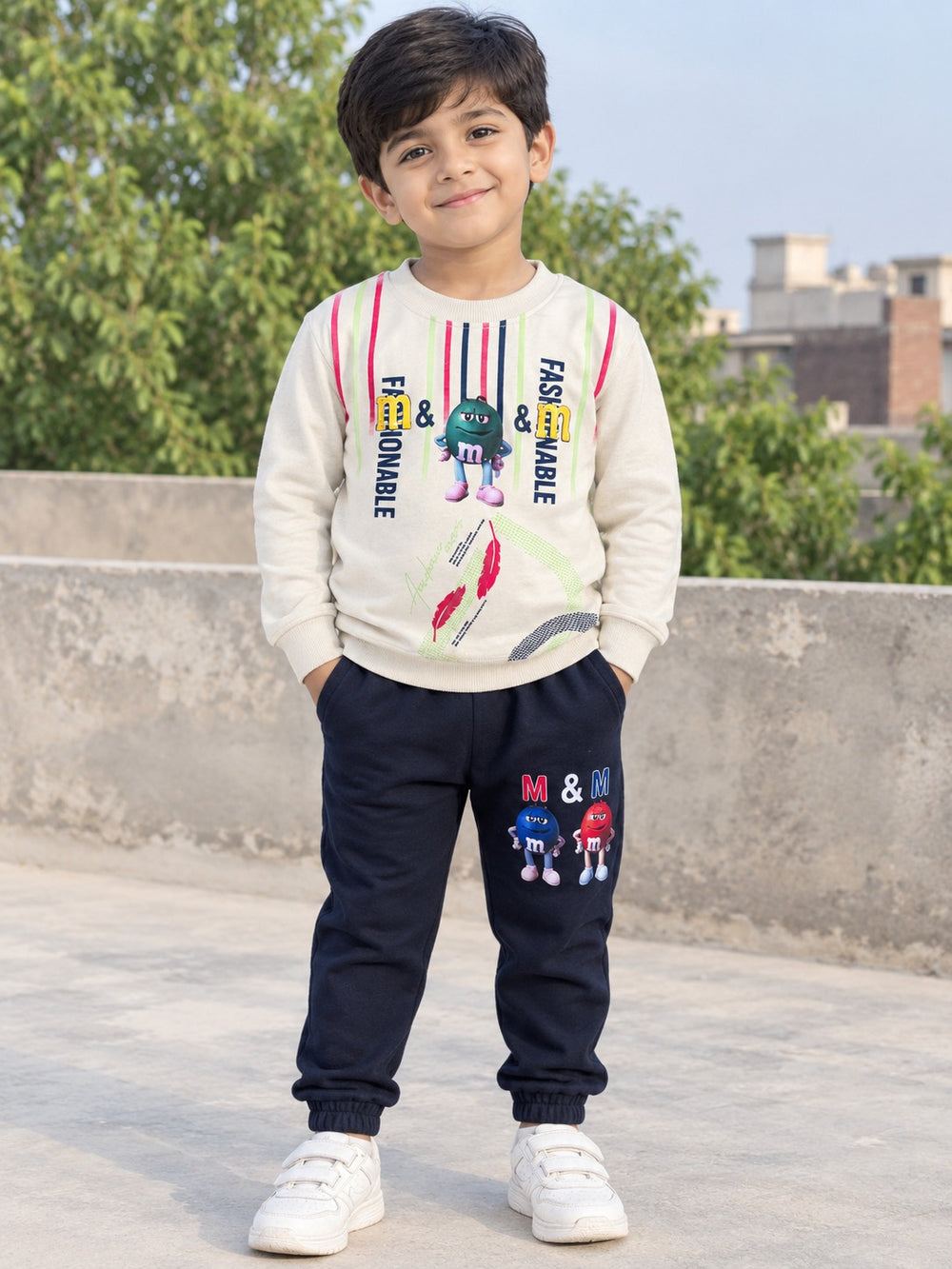 Boys Cream & Navy Printed Sweatshirt Tracksuit Set (Ages 2–10) | Giggles for Kids