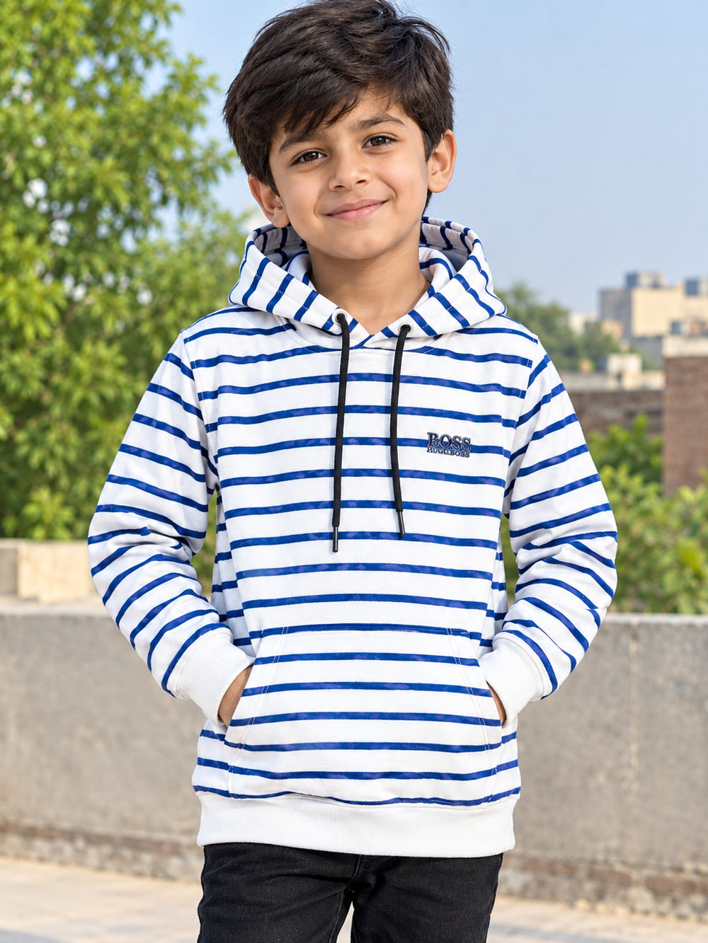 Giggles for Kids Boys Blue & White Striped Fleece Hoodie (Ages 2–12 Years)