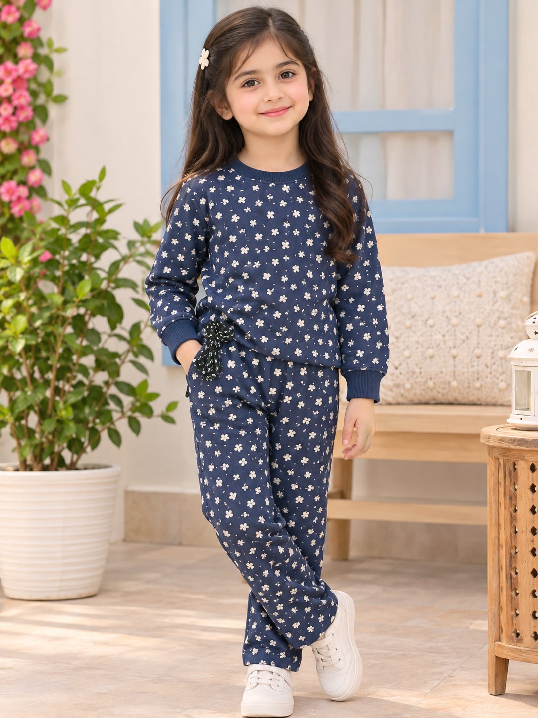 Girls Navy Blue Floral Print Sweatshirt & Tracksuit Set |3-12 YEARS