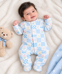 Giggles for Kids Baby Blue Grid Bear Print Footed Sleepsuit (Newborn – 18 Months)