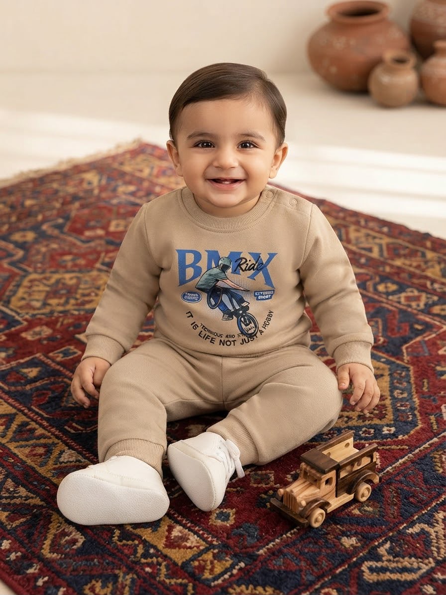 Giggles for Kids Baby Beige BMX Graphic Sweatshirt & Trousers Set (Newborn – 1 Year)