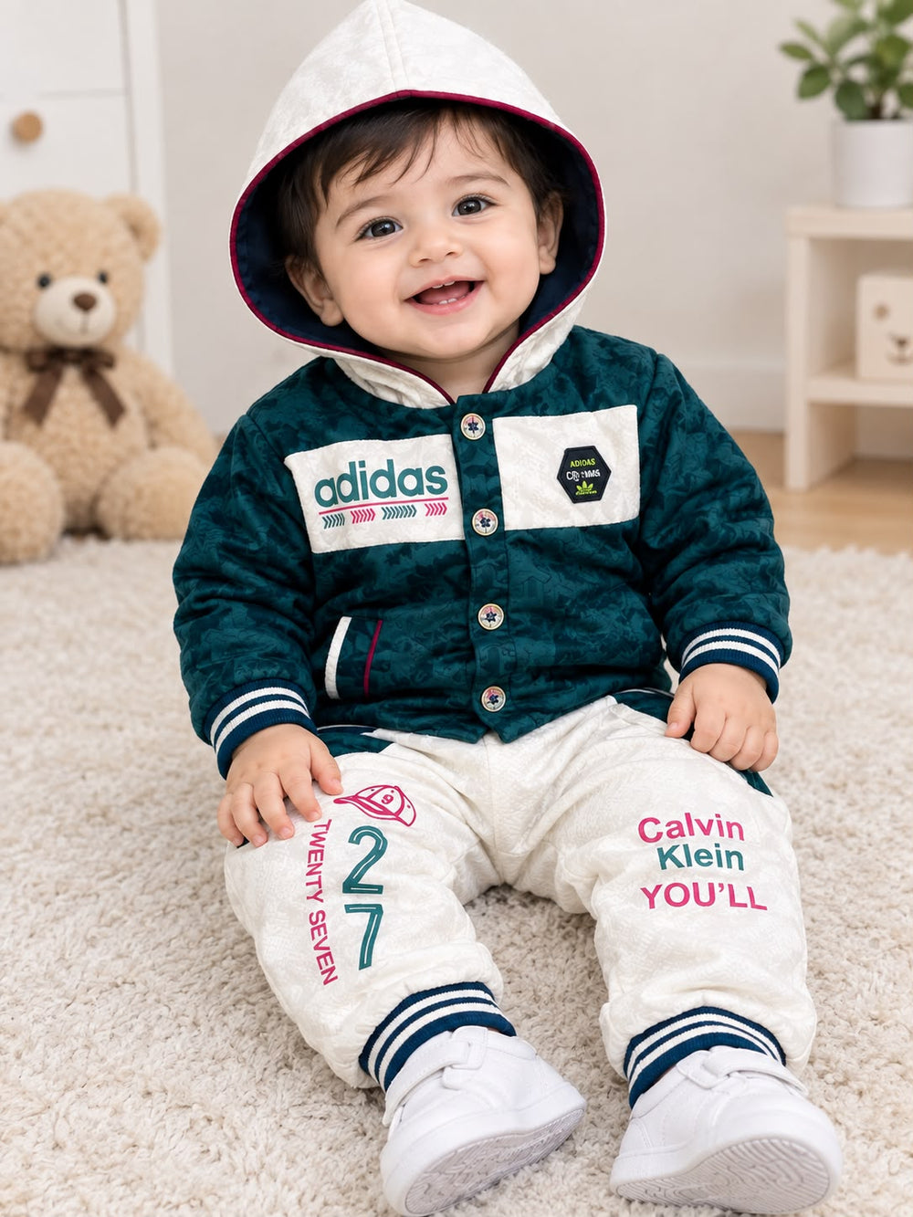 Giggles for Kids Baby Dark Green & Off-White Hooded Tracksuit Set (Newborn – 18 Months)