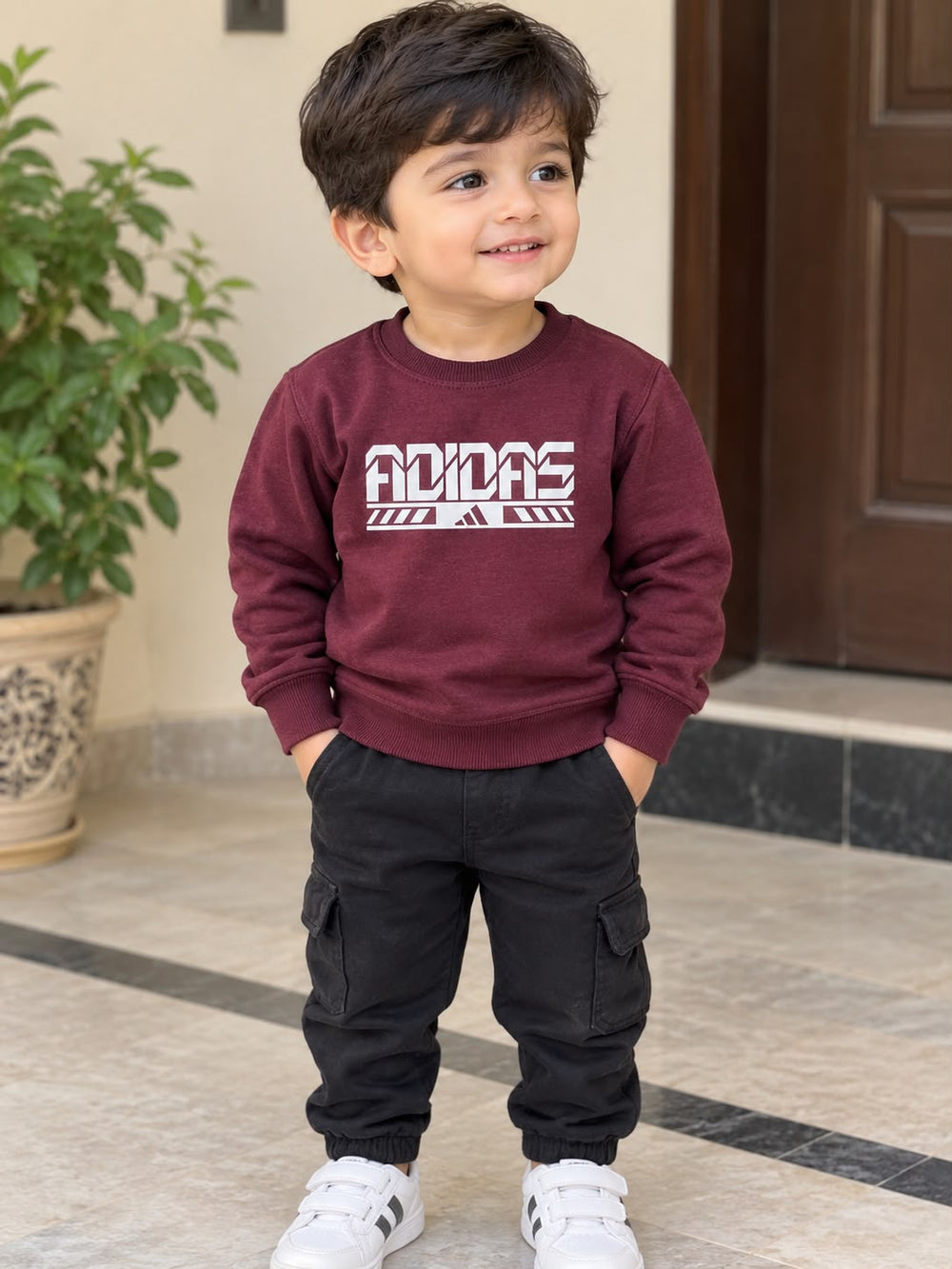 Giggles for Kids Kids Maroon Adidas Printed Fleece Sweatshirt (Ages 2–12 Years)