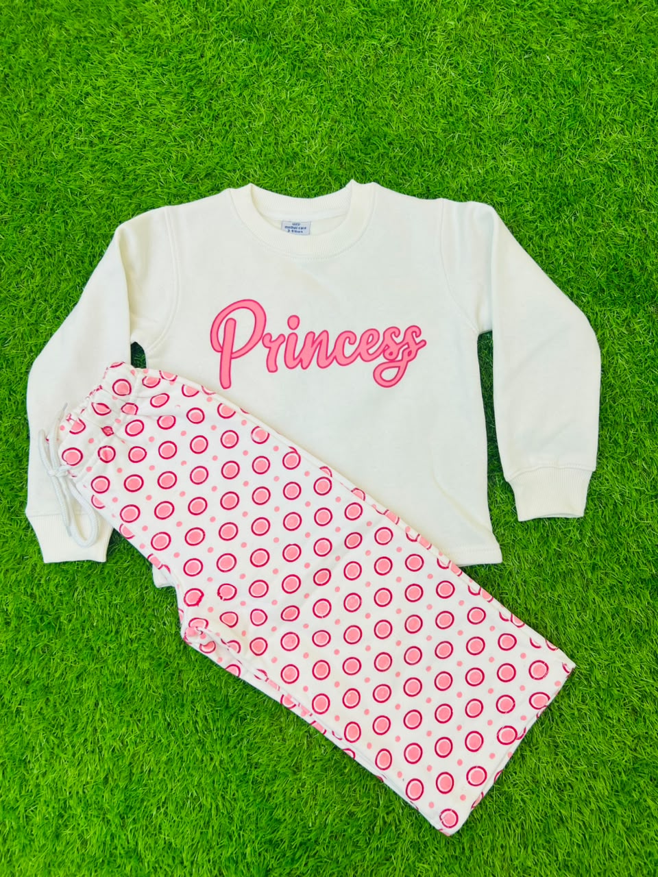 Girls Pink "Princess" Graphic Sweatshirt & Polka Dot Trousers Set (Ages 3-12) | Giggles for Kids