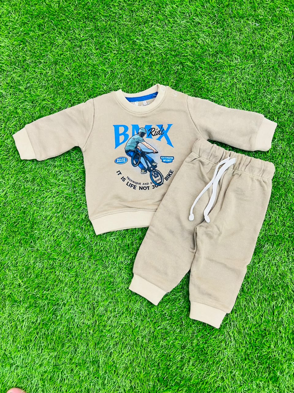 Giggles for Kids Baby Beige BMX Graphic Sweatshirt & Trousers Set (Newborn – 1 Year)
