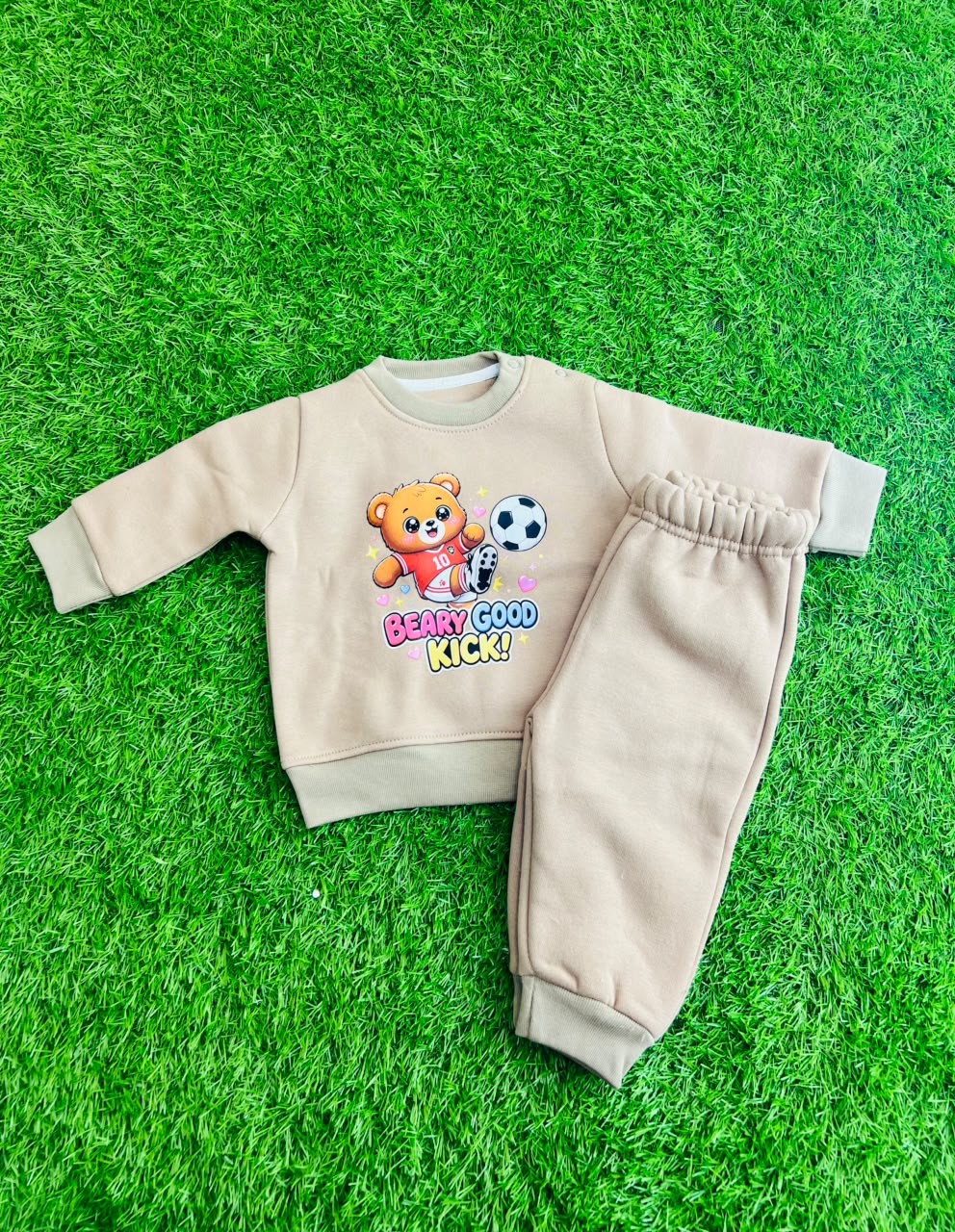 Kids Cute Bear Soccer Sweatshirt & Track Pants Set - Beige / Tan