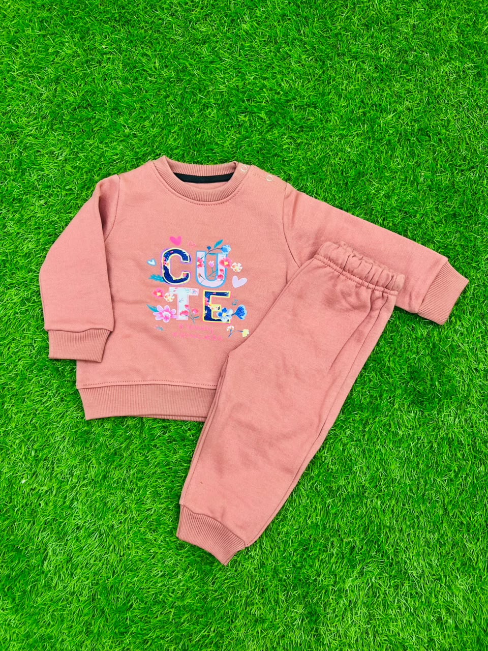 Girls Floral "CUTE" Sweatshirt & Joggers Tracksuit Set – Dusty Rose