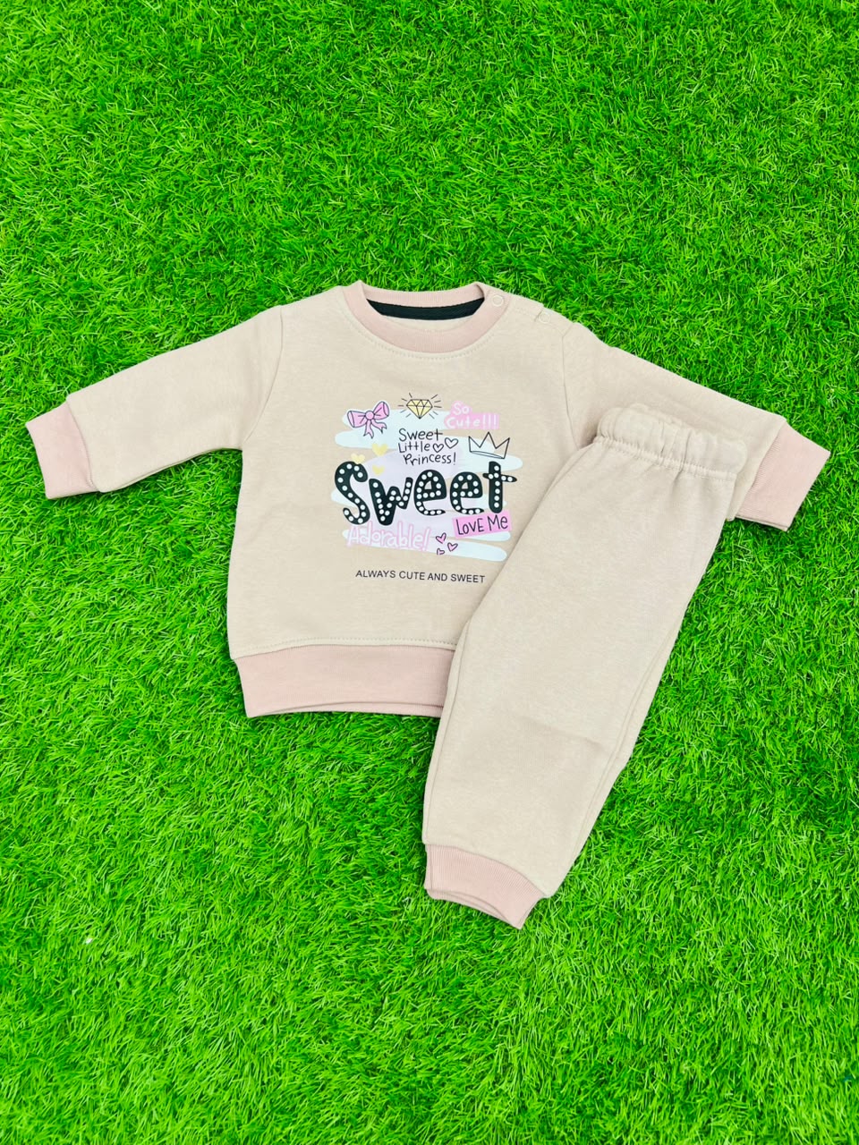 Girls "Sweet Little Princess" Sweatshirt & Joggers Set – Beige Fleece Tracksuit